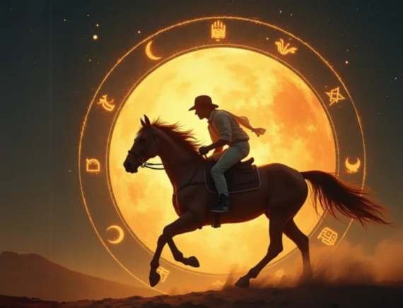 A thoroughbred at dawn, under the early zodiac sky